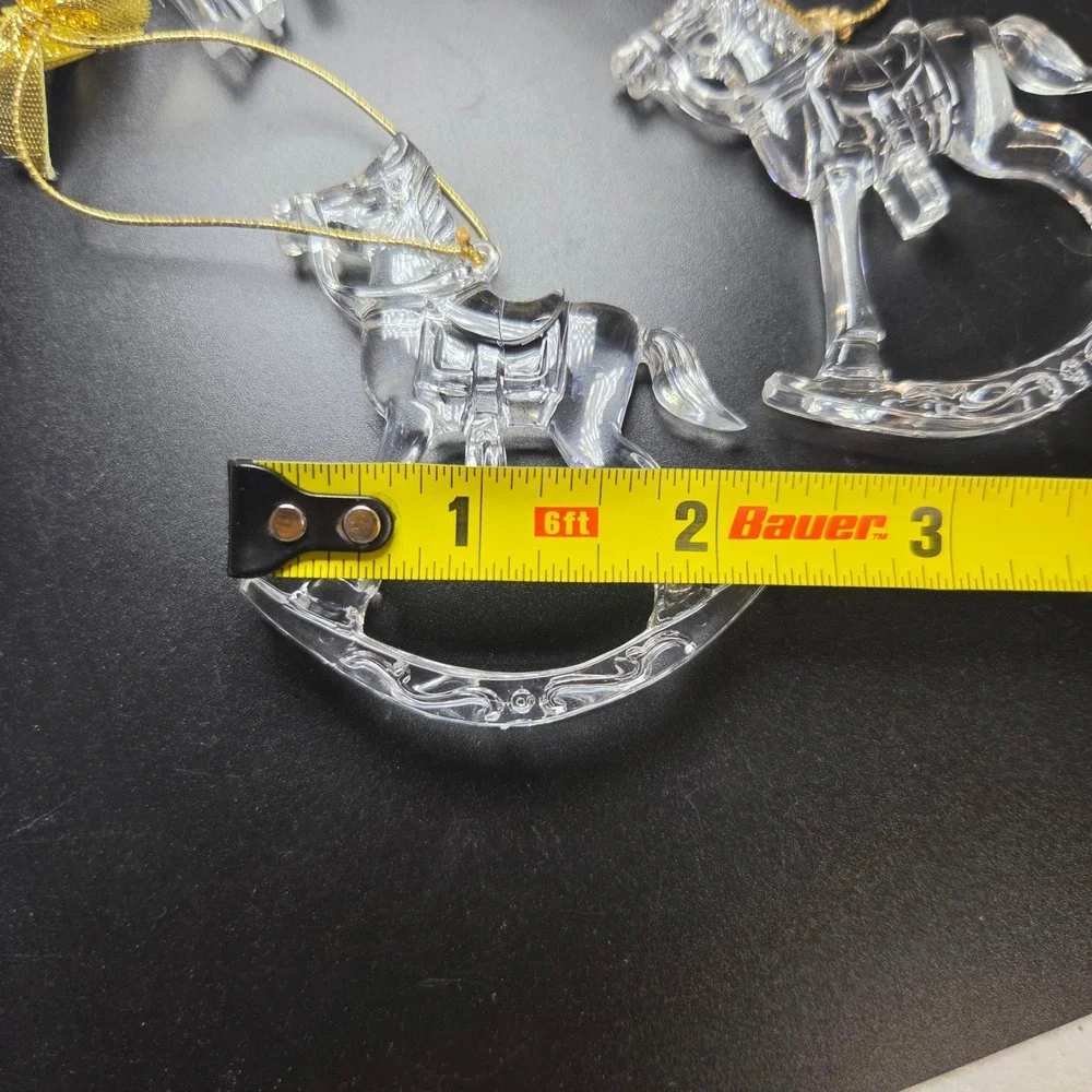 Clear Plastic Christmas Ornaments Set of 6 Reindeer Angel Rocking Horse Gold Bow